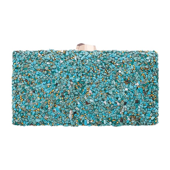 Penelope Teal Green Pebbled Rhinestone Box Clutch - Picture 1 of 6